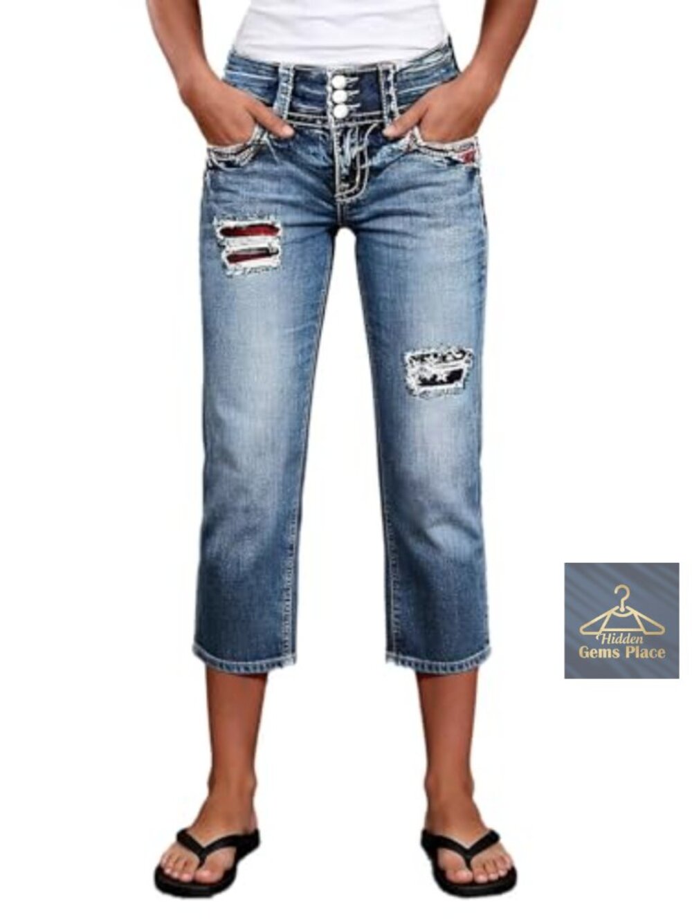 Straight Leg High Rise Capri Star Embroidered Ripped Jeans